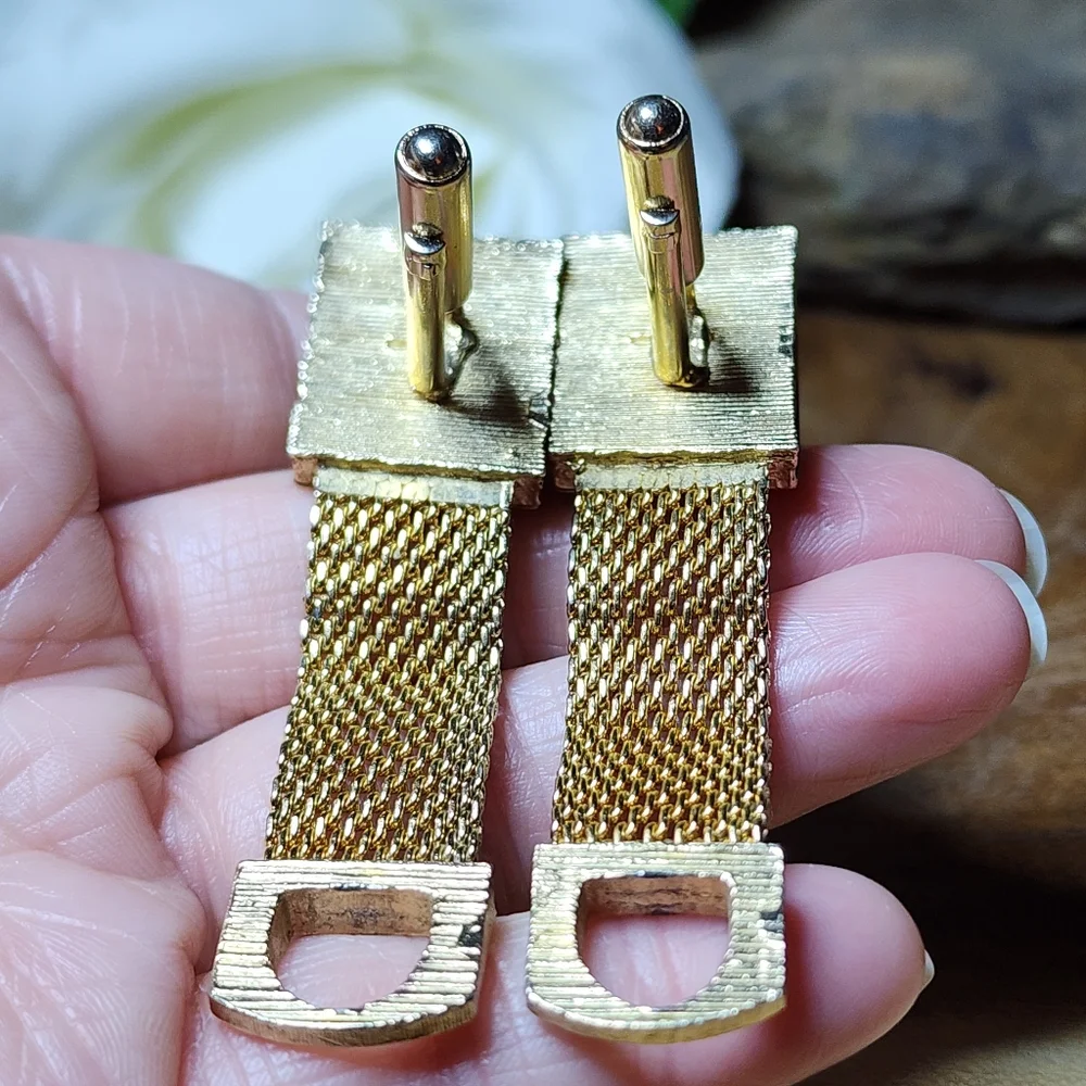 Vintage RARE Gold Tone Mesh Wrap Cufflinks Faux Topaz Citrine Colored Gemstones